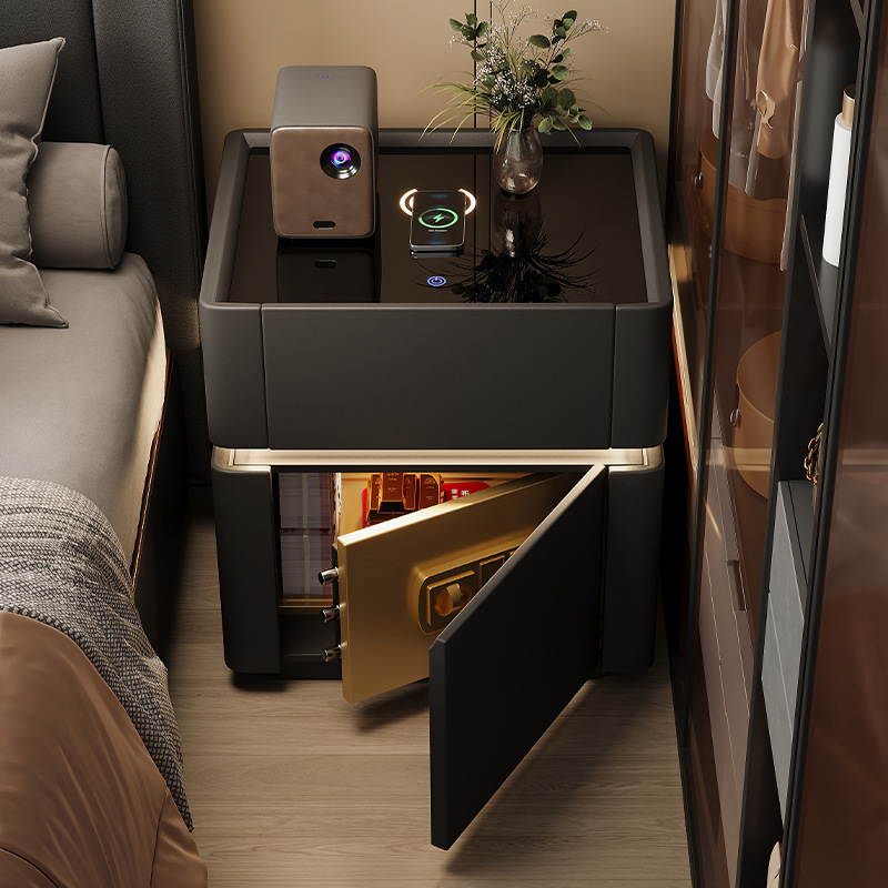 Mesita de noche inteligente caja fuerte todo en uno 2025 nuevo gabinete de seguro de cabecera de carga inalámbrica multifuncional de alta gama