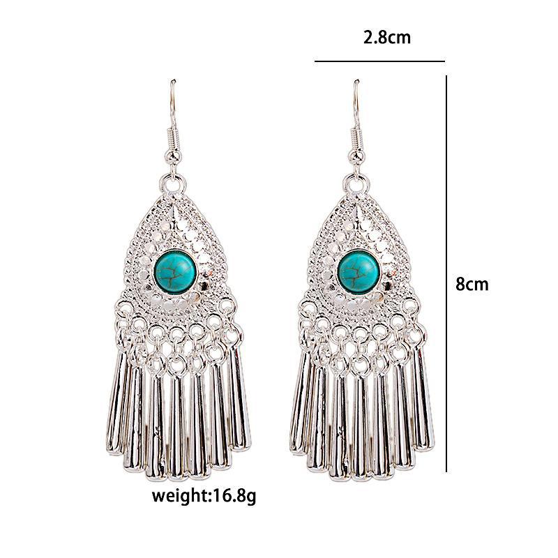 1 Pair Retro Leaf Sector Tassel Plating Hollow Out Inlay Alloy Turquoise Drop Earrings display picture 1