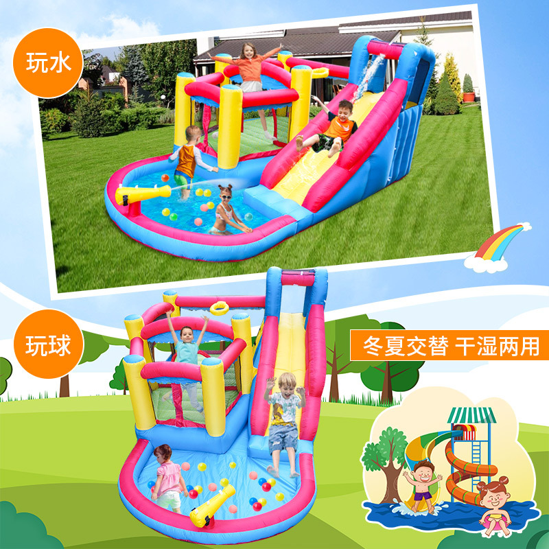 Castillo inflable pequeño para niños en casa, castillo inflable con tobogán y doble trampolín, combinación de castillo inflable con tobogán