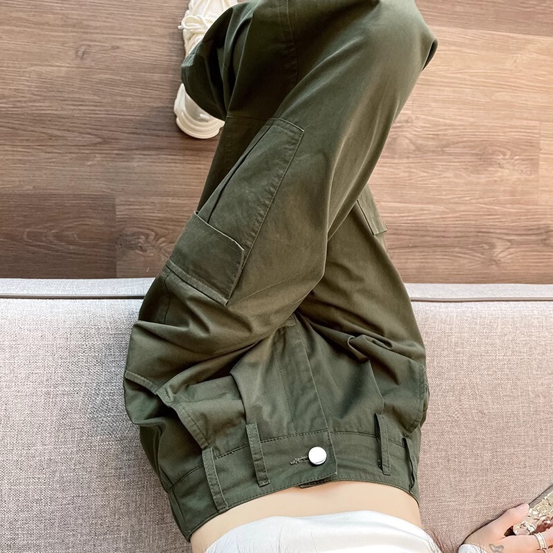 Military Green American-Style Cargo Pants for Women, Spring and Autumn 2025 New Style, Loose Fit, Slimming Straight-Leg Casual Pants, Outdoor Hiking Pants
