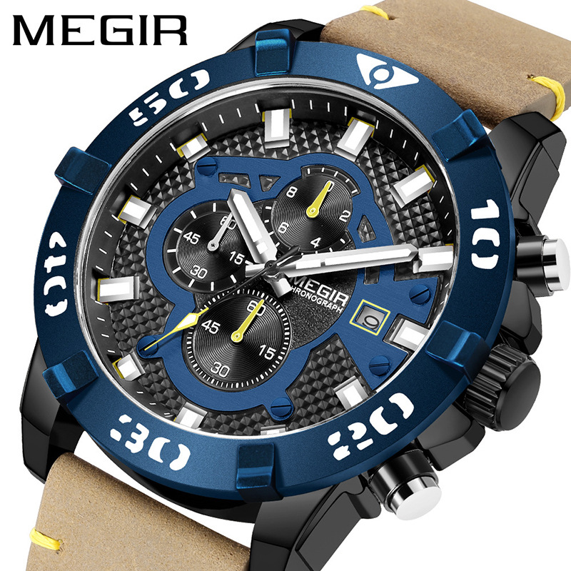 Orologio sportivo da uomo MEGIR con cronografo, impermeabile, luminoso, datario, resistenza all'acqua fino a 30 m, fibbia in acciaio inossidabile, vetro minerale_voghion.com