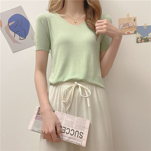 Summer solid color V-neck stylish loose thin casual cool feeling short sleeve women's knitted shirt