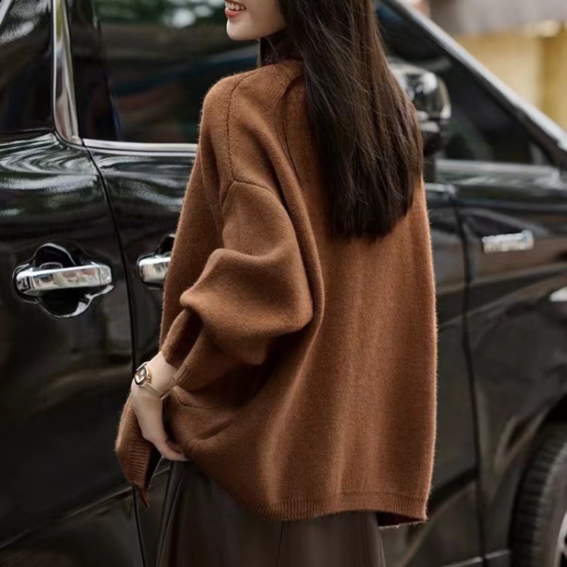秋冬新款时尚宽松慵懒风针织开衫女韩系牛角扣复古纯色V领毛衣外|undefined