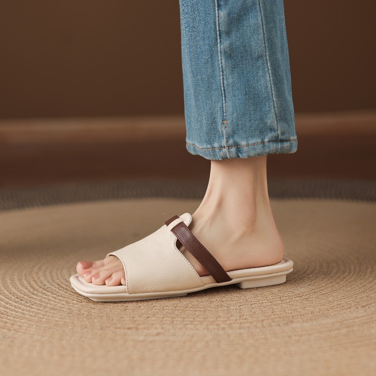 Dép sandal nữ xỏ ngón đế bệt phối màu hở mũi thời trang — màu trắng ngà, màu mơ chi tiết 67