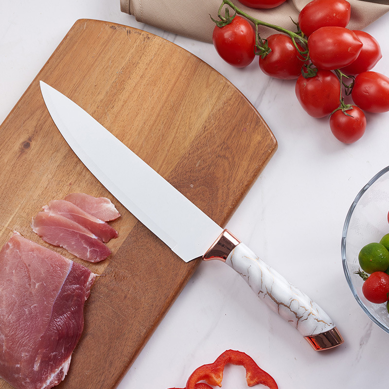 Juego de caja de regalo de mango de cabezal de doble galvanoplastia de patrón de mármol de 6 piezas de cuchillos de debut de punto de comercio exterior
