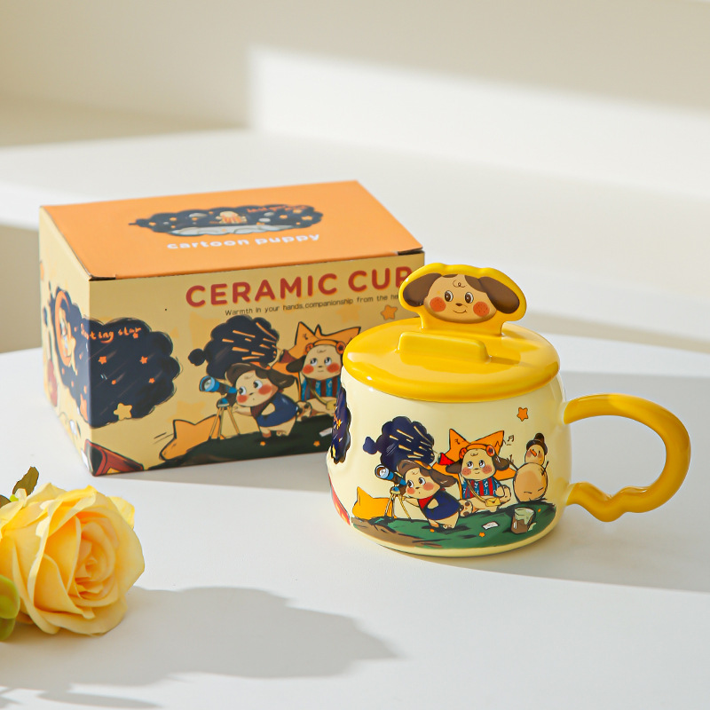 Taza de cerámica de dibujos animados creativos con soporte de teléfono móvil cubierta de taza de agua de oficina casera caja de regalo de alto valor pintada a mano taza de viento