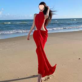 海岛度假松弛感穿搭辣妹裙海边出游明媚露腰镂空纽结显白红连衣裙