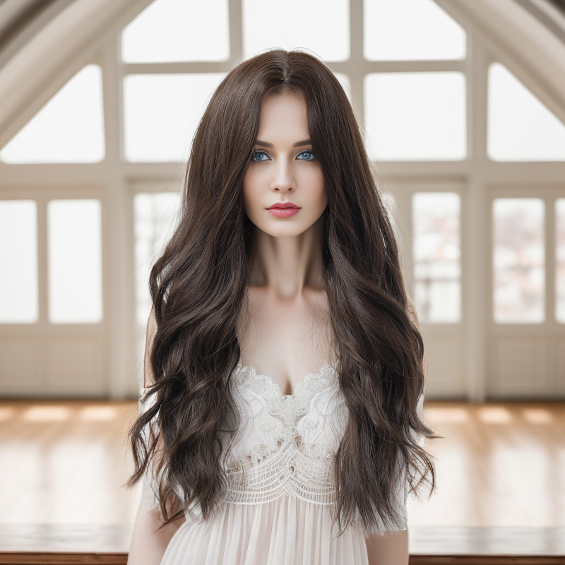 Synthetische pruik Zwart Bruin Mid Split Lange Krul Damesmode Pruiken Volledige hoofdpruik_voghion.com