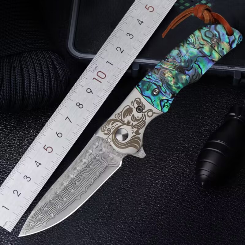 大马士革钢材小刀迷你防身刀随身便携折叠刀户外刀具鲍贝柄水果刀