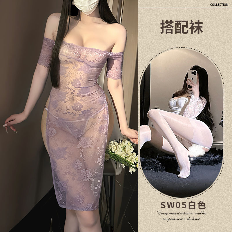 보라색 레이스 스커트 + 끈 팬티 + 흰색 가랑이 스타킹