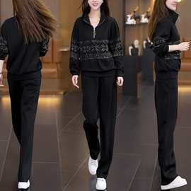 休闲运动套装夏装女2024新款洋气减龄拼接短袖跑步运动服两件套潮