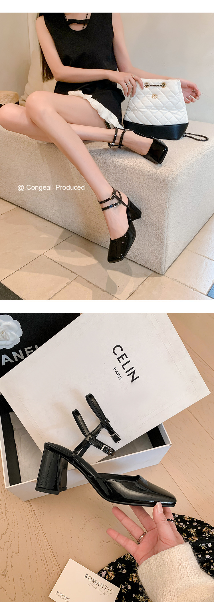 Giày sandal cao gót nữ mũi vuông bít mũi quai ngang gót thô da thật — Màu đen chi tiết 19