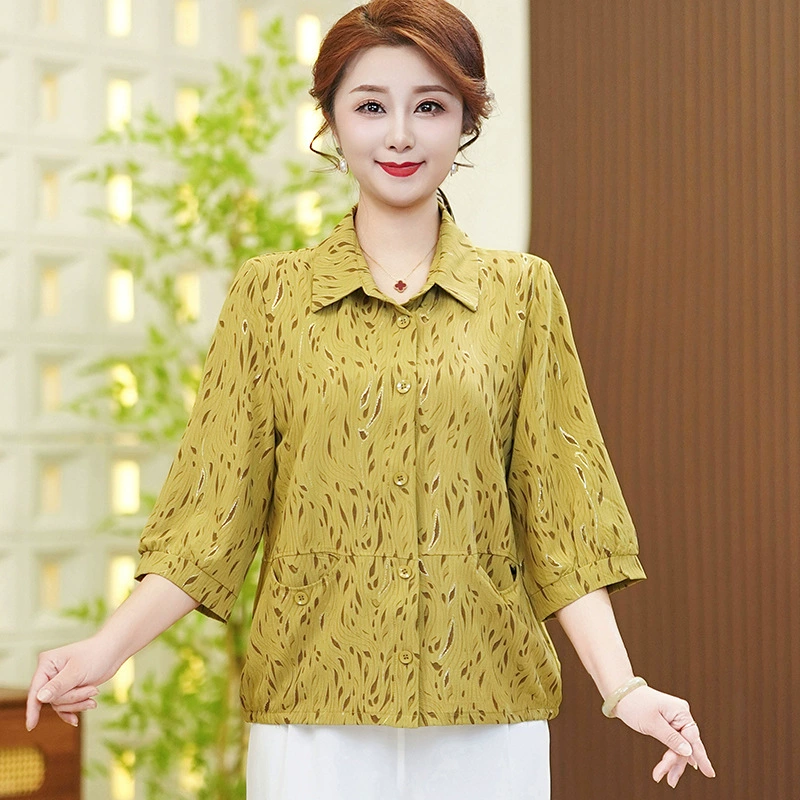 Мама платье 2025 рубашка весна и осень новый средний и пожилой женщины свободный топ для пожилых людей рубашка с принтом моды