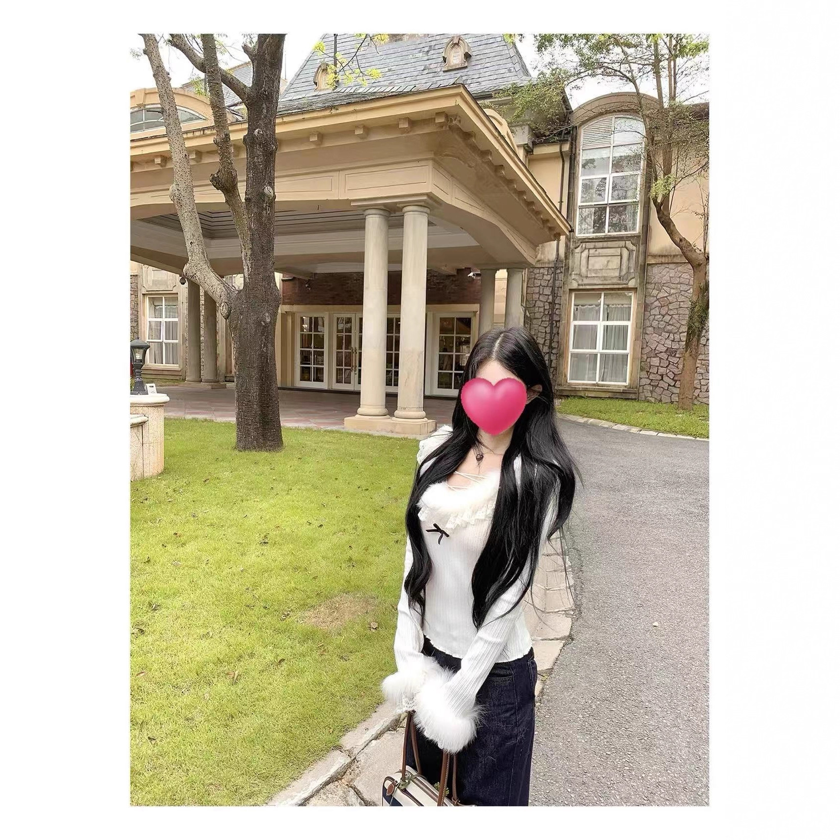 法式毛毛拼接蕾丝针织衫女秋冬新款修身显瘦交叉绑带上衣