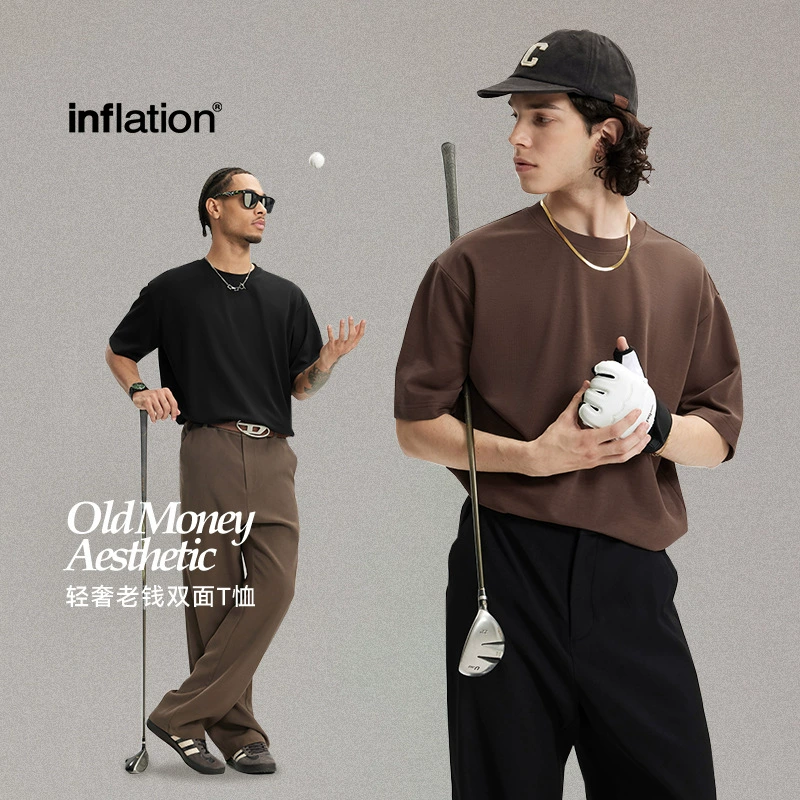 Jiezhan Мужская одежда | Легкая роскошь старая денежная двухсторонняя футболка весна и лето 2025 новый простой простой простой простой топ с короткими рукавами