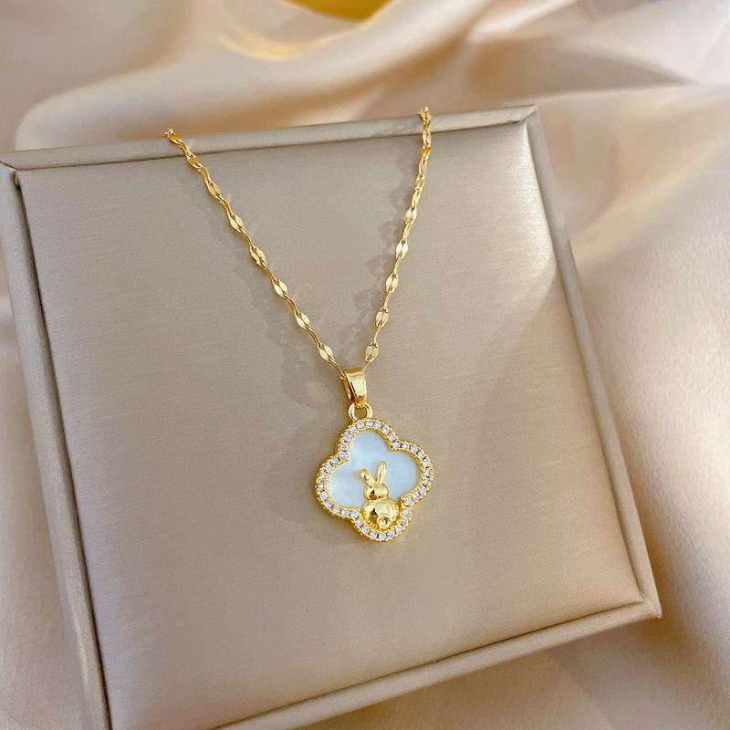 Fashion Rabbit Stainless Steel Copper Inlay Artificial Gemstones Pendant Necklace 1 Piece