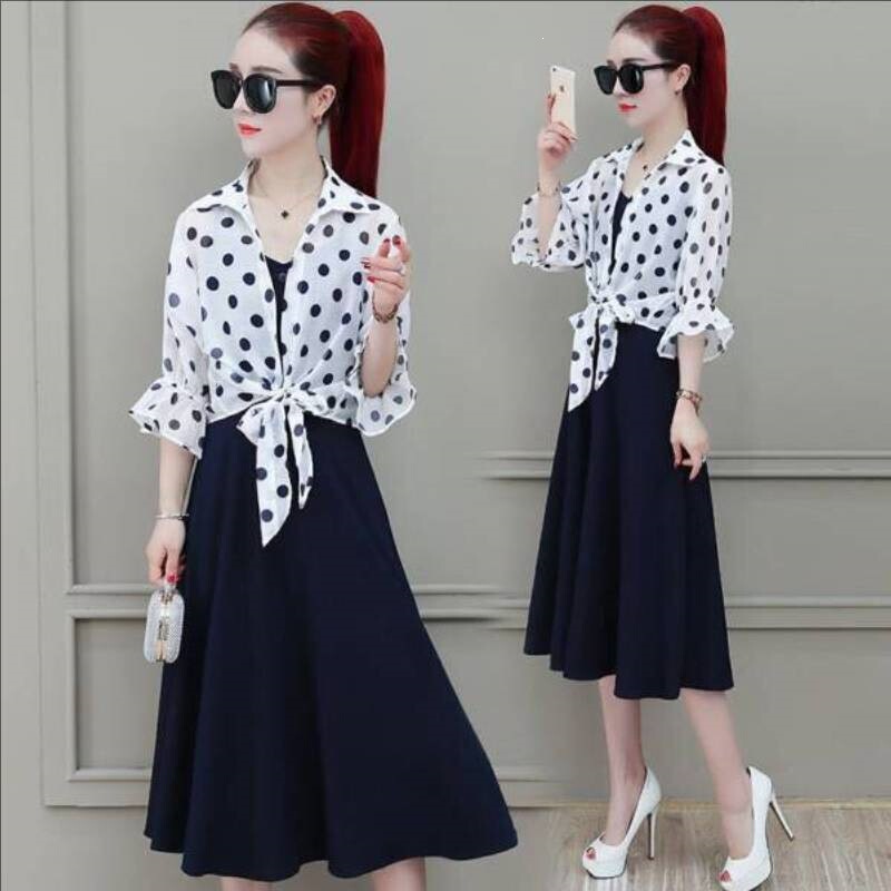 【Shawl + Slip Dress】Polka Dot Blouse, Sun-Protective Outerwear, Mid-Length A-Line Dress, Summer Women's Outfit 【Shawl + Slip Dress】Polka Dot Blouse, Sun-Protective Outerwear, Mid-Length A-Line Dress, Summer Women's Outfit