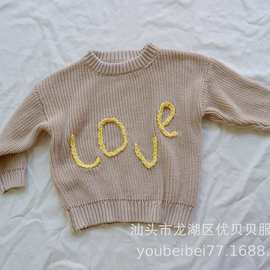 字母手工绣花女男毛衣秋冬款棉线长袖套头衫婴幼童针织衫宝宝上衣