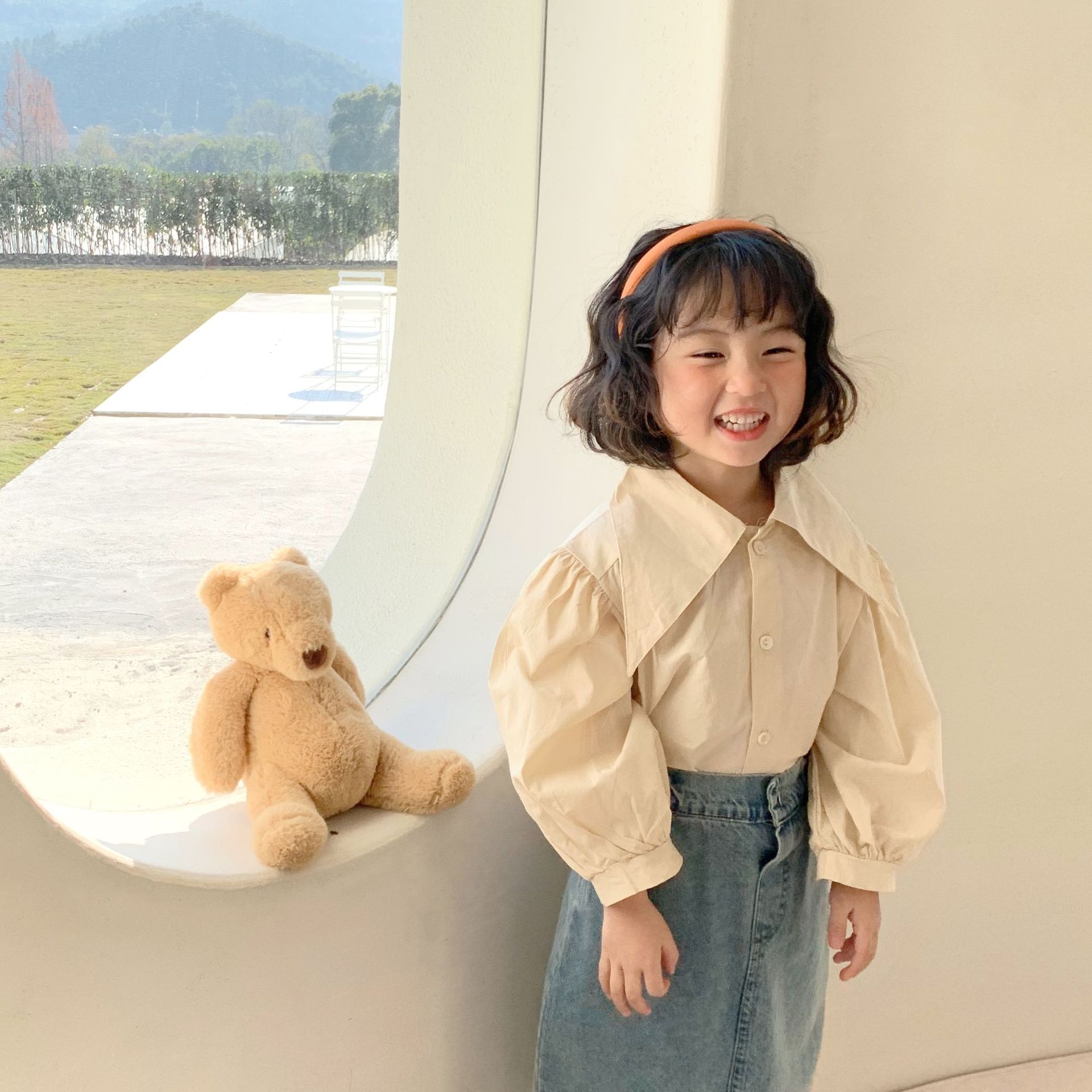 女童白色衬衫2021春季新款韩版洋气尖领儿童长袖衣服宽松尖领上衣|ru