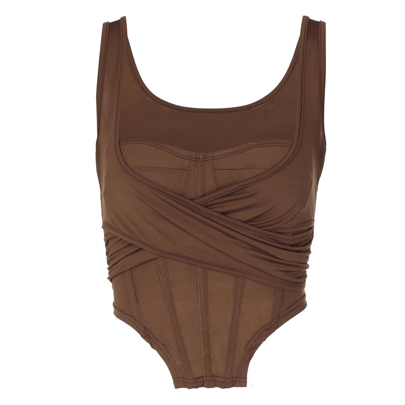 brown low-cut stitching tank top NSLKL122567