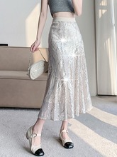 法式鱼尾半身裙女春季感重工银色闪闪亮片裙中长款高腰包臀裙