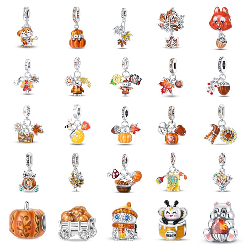 Autumn Maple Leaf Owl Squirrel Charm Beads DIY Jewelry Bracelet Accessories Copper Silver Plated Foreign Trade New Style