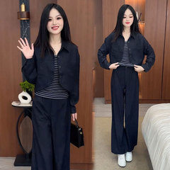 时尚牛仔套装女2025秋季新款洋气显瘦短外套条纹背心阔腿裤三件套