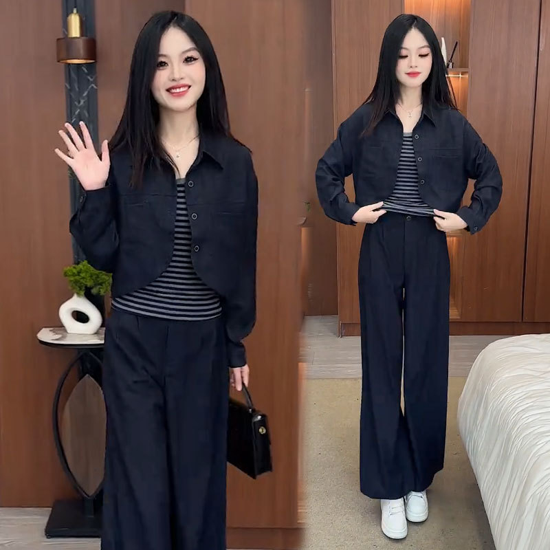 时尚牛仔套装女2025秋季新款洋气显瘦短外套条纹背心阔腿裤三件套|undefined
