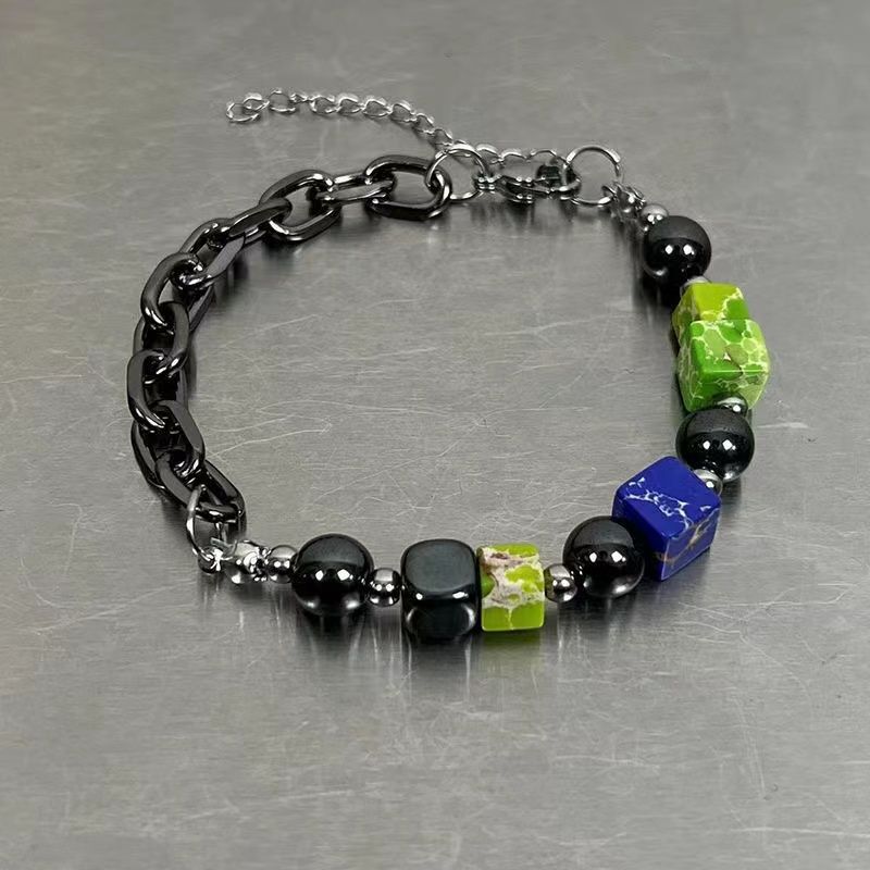 Trendy Cuban Bracelet for Men, Ins-Style Light Luxury Niche, Vintage Colorful Block Splicing Black Pearl Jewelry Trendy Cuban Bracelet for Men, Ins-Style Light Luxury Niche, Vintage Colorful Block Splicing Black Pearl Jewelry
