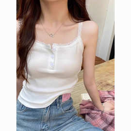 SLOY纯欲风蕾丝吊带背心夏季大码胖妹妹修身弹力短款辣妹无袖上衣
