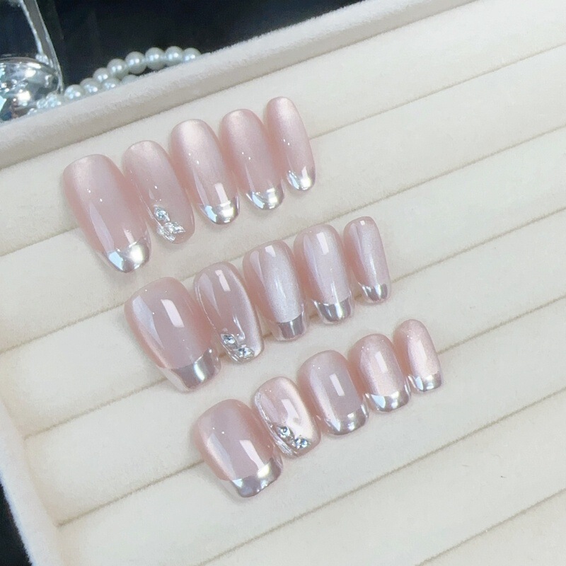 Nude color cat's eye French nail art diamond pure handmade high-end wearable nail removable finished fake nails wholesale