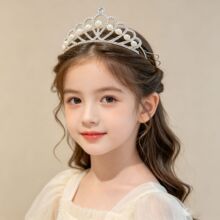 儿童水晶皇冠女童公主生日表演发饰感闪钻仿珍珠插梳王冠头冠