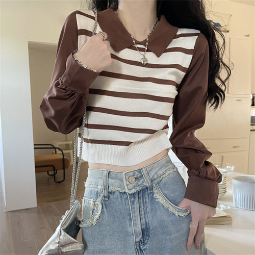Designer Style Niche Splicing False Two-Piece Women's Autumn Striped Knit Top Women's Long-Sleeve Hooded Short-Sleeve Top