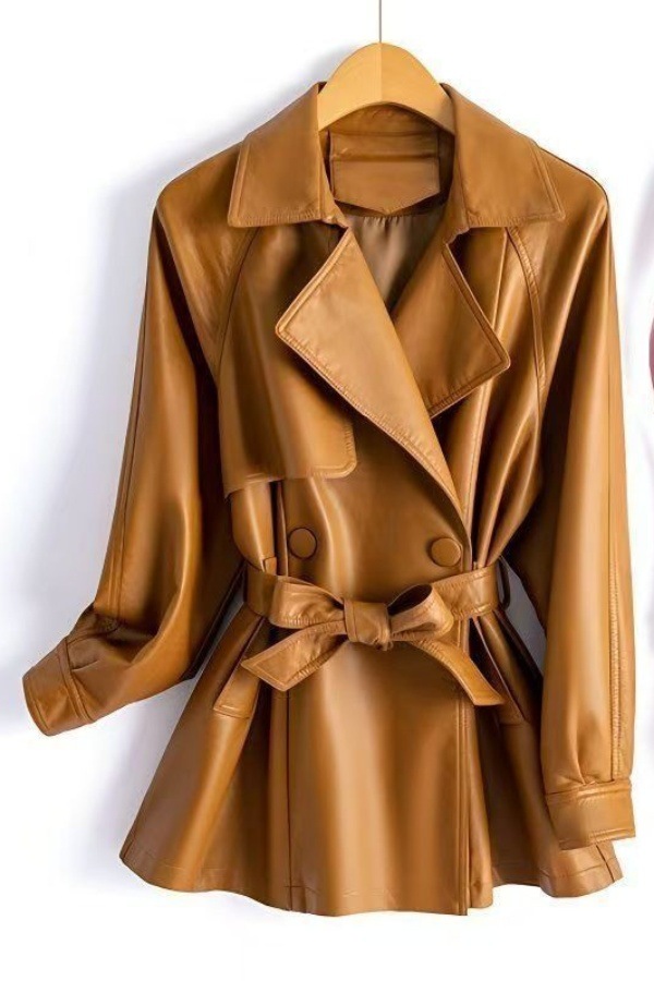 新款系带海宁收腰洋气皮衣春秋中长款外套韩版气质宽松皮风衣