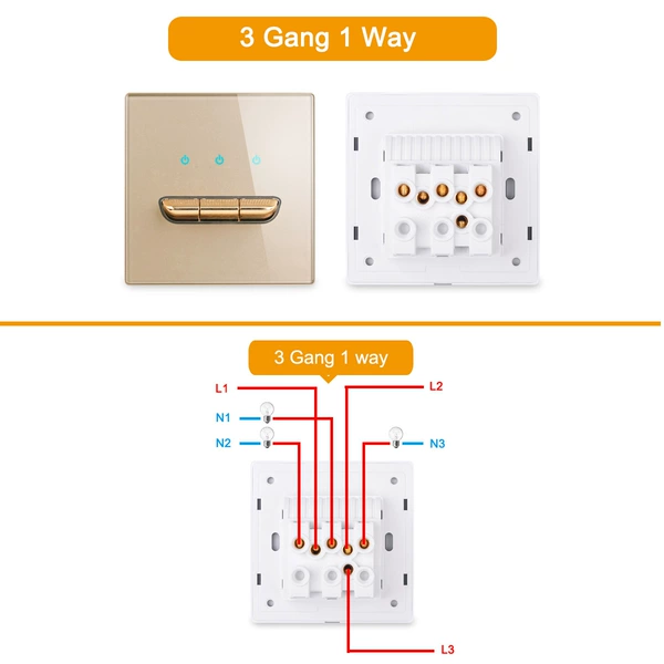 Glass Gold Three Openings 3 Gang 1 Way