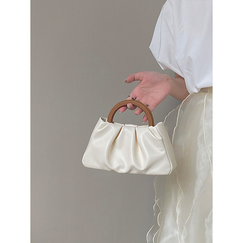 2024 Korean version of the new wooden handle pleated cloud small handbag women's shoulder crossbody mini small bag