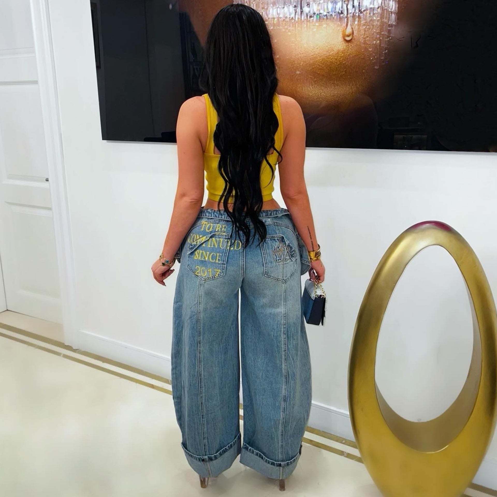 Women's Faux Two-Piece Layered Double Waist Printed Loose Wide Leg Jeans Style New_mkmklike.com