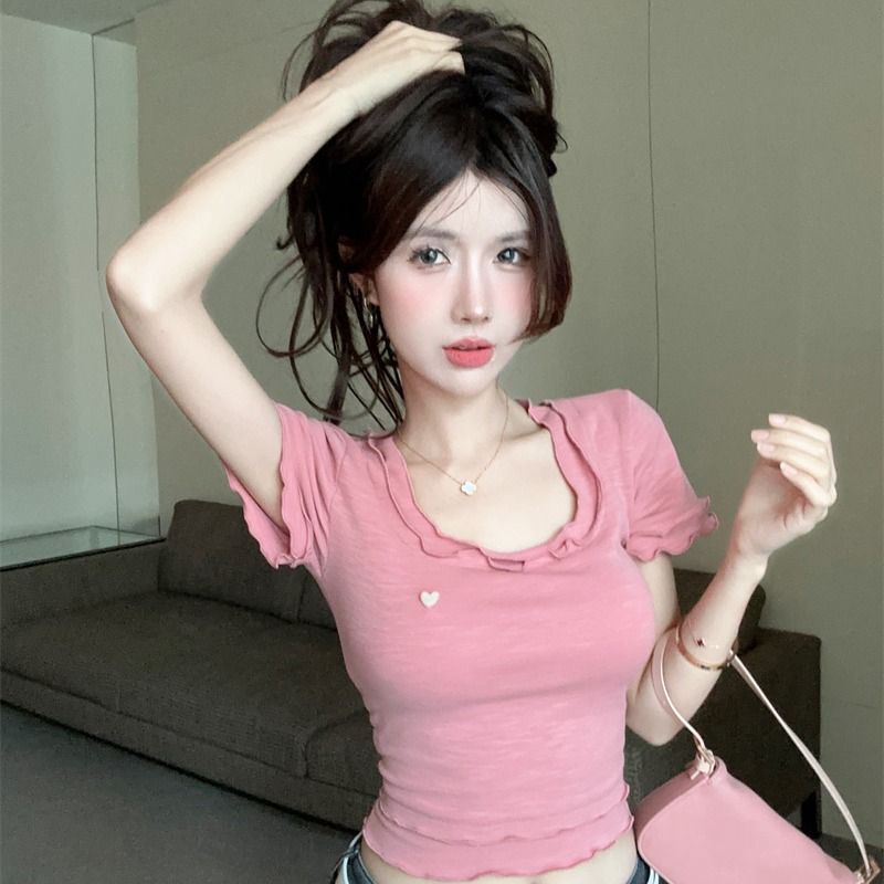 Sweet and Spicy Girl Heart-Shaped Short T-Shirt Women's Summer New Slim Fit Versatile Slimming Ruffle Edge Niche Design Top