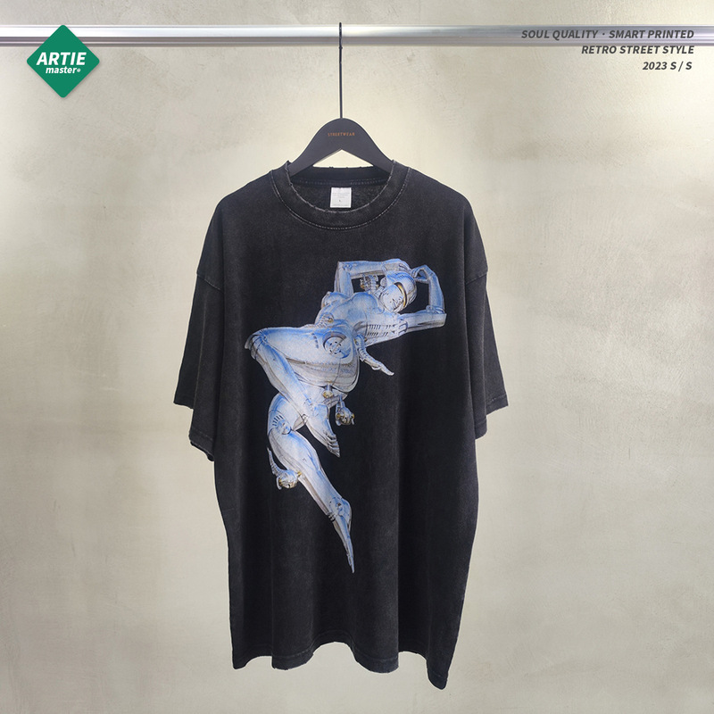 ARTIE men's clothing | High street fashion brand robot printing wash water do old men's T-shirt loose retro casual short sleeve men