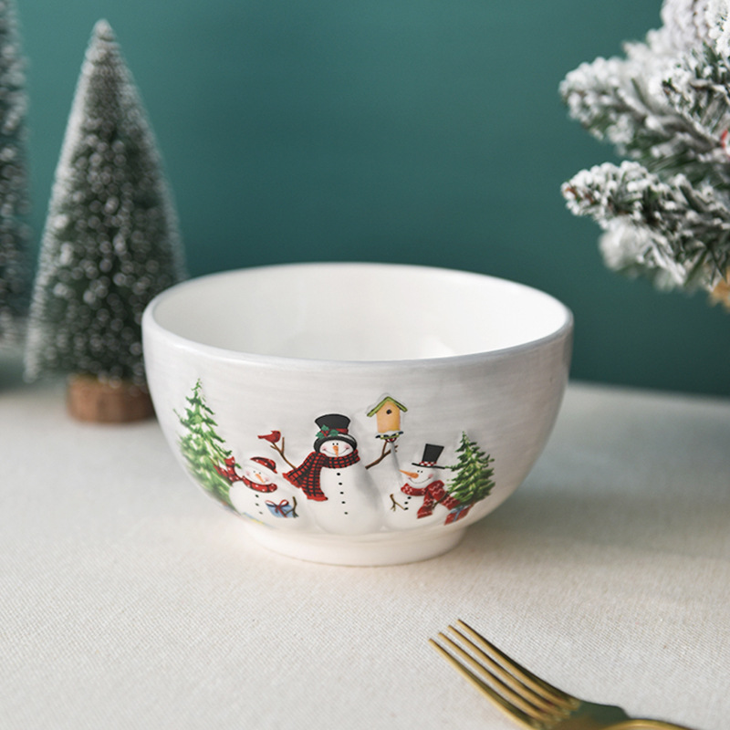 País nórdico Navidad muñeco de nieve tazón de cerámica tazón de arroz de gran capacidad tazón de fideos tazón de sopa tazón de ensalada occidental vajilla en relieve