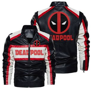 2023 new contrast color leather jacket American TV film deadpool deadpool printed vintage washed pu leather jacket