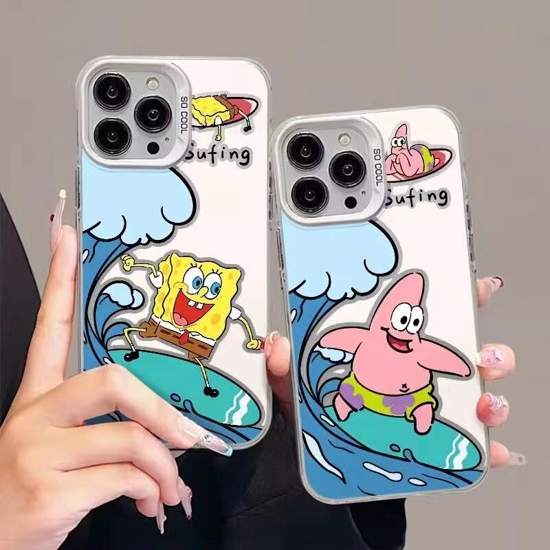 Surfing Spongebob Is Suitable for Apple 16 Pro Max Phone Case 15 Niche Cool Colorful Silver Imd Protective Cover