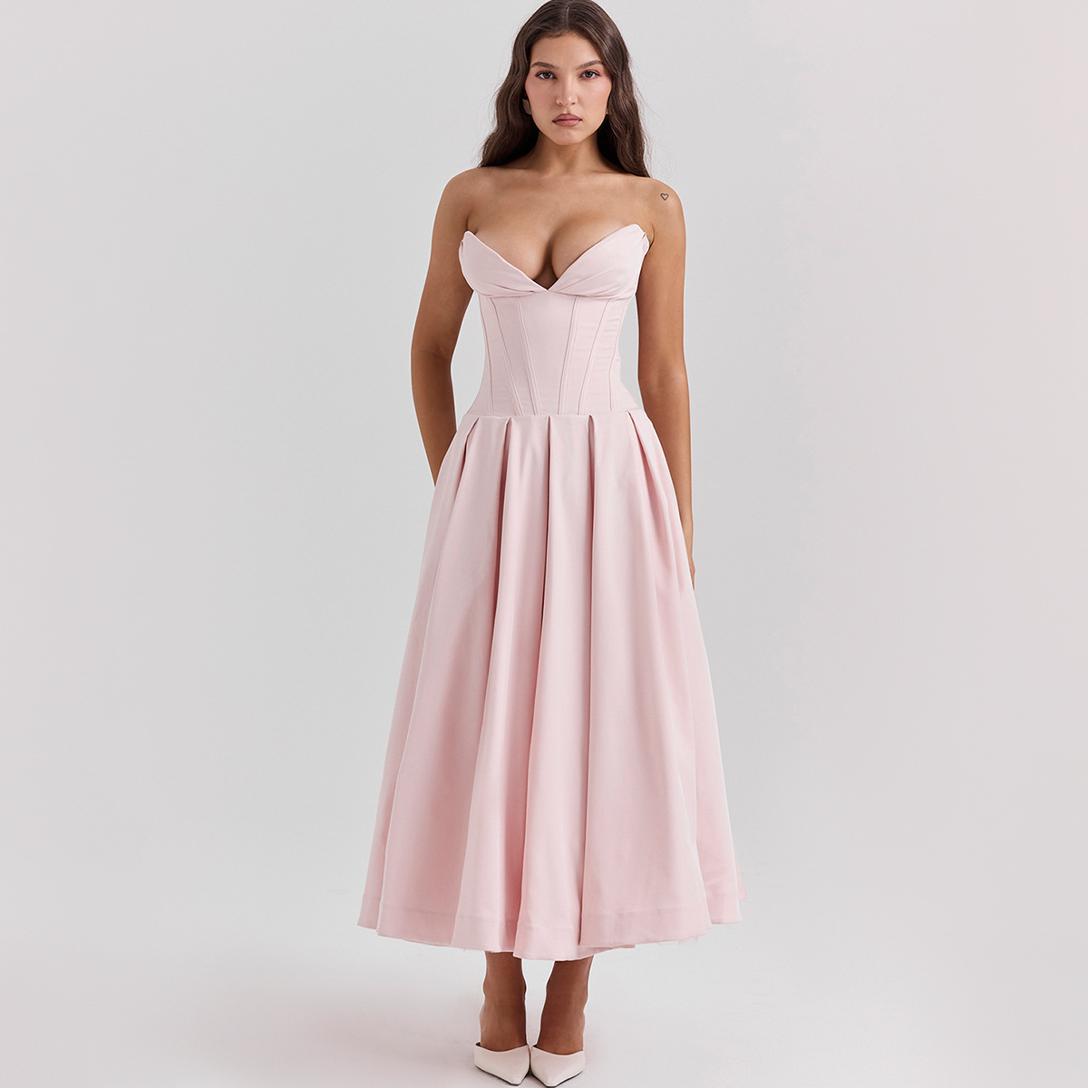 Comercio exterior estilo europeo y americano 2024 primavera nueva sexy Falda larga tubo superior falda V señaló Fishbone cintura un swing vestido mujeres