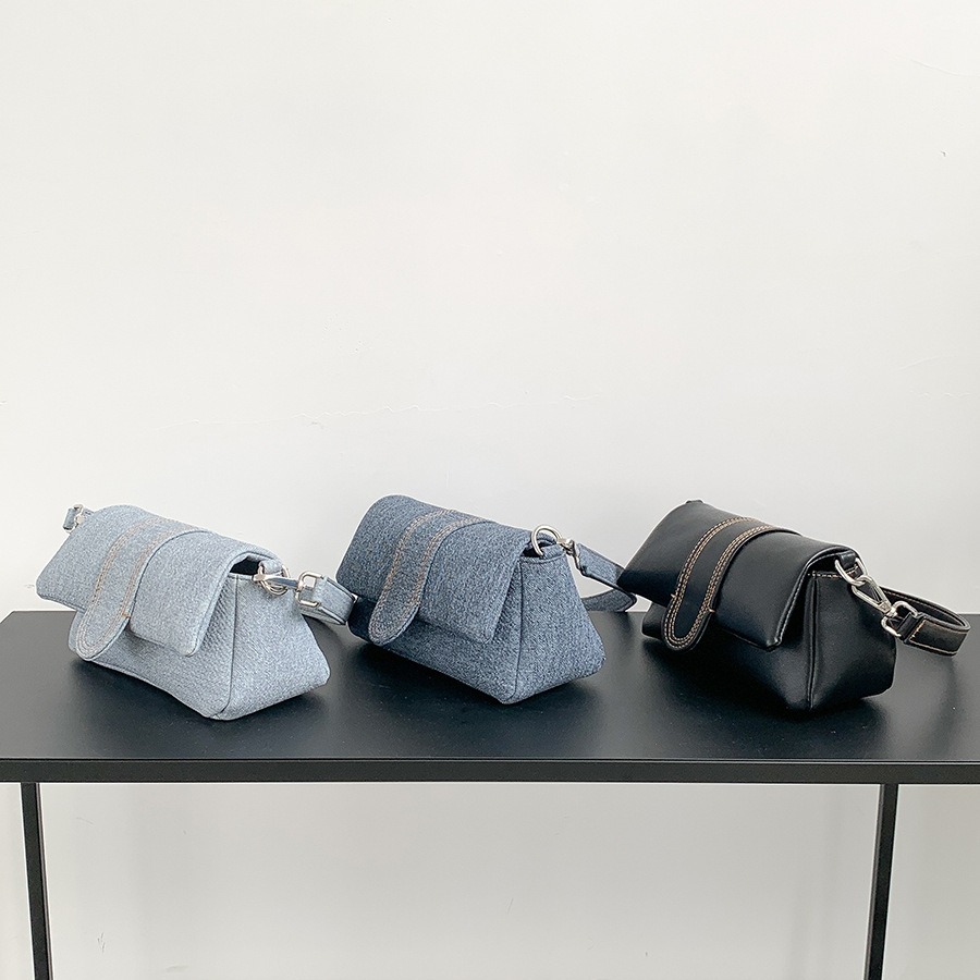 Nuova versione coreana del denim con effetto invecchiato di alta qualità, spalla singola da donna, design di nicchia, ascella in pelle PU_voghion.com