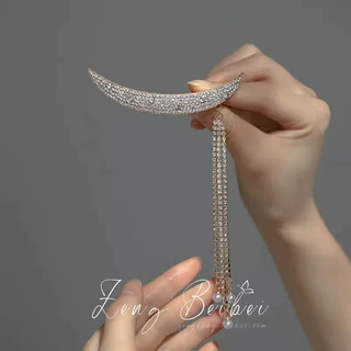 轻奢超仙月牙流苏发卡侧边发夹水钻后脑勺半扎仙女风弹簧夹横夹女