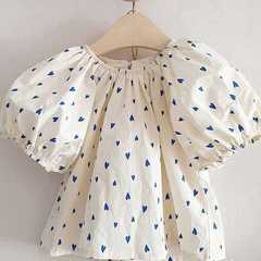 Korean Children's Clothing 2023 New Trendy Summer Mother and Daughter Set Stylish Bubblesleeve Fashion Loose Heart Shirts 0118