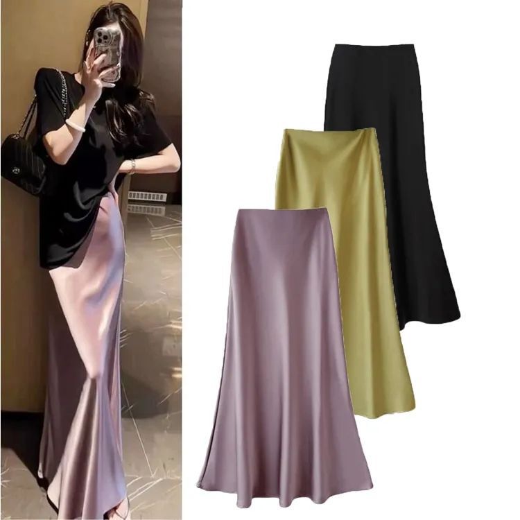 High Waist Slimming Mid-length Skirt Women's Acetic Acid Satin Hip Fishtail Long Skirt 2025 Spring and Summer Dipped Skirt