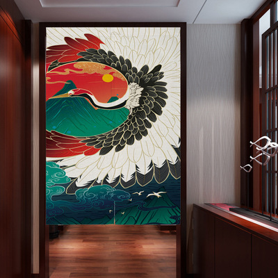 棉麻印花門簾全遮光半簾定制松鶴延年布藝門簾跨境免打孔磁吸簾子