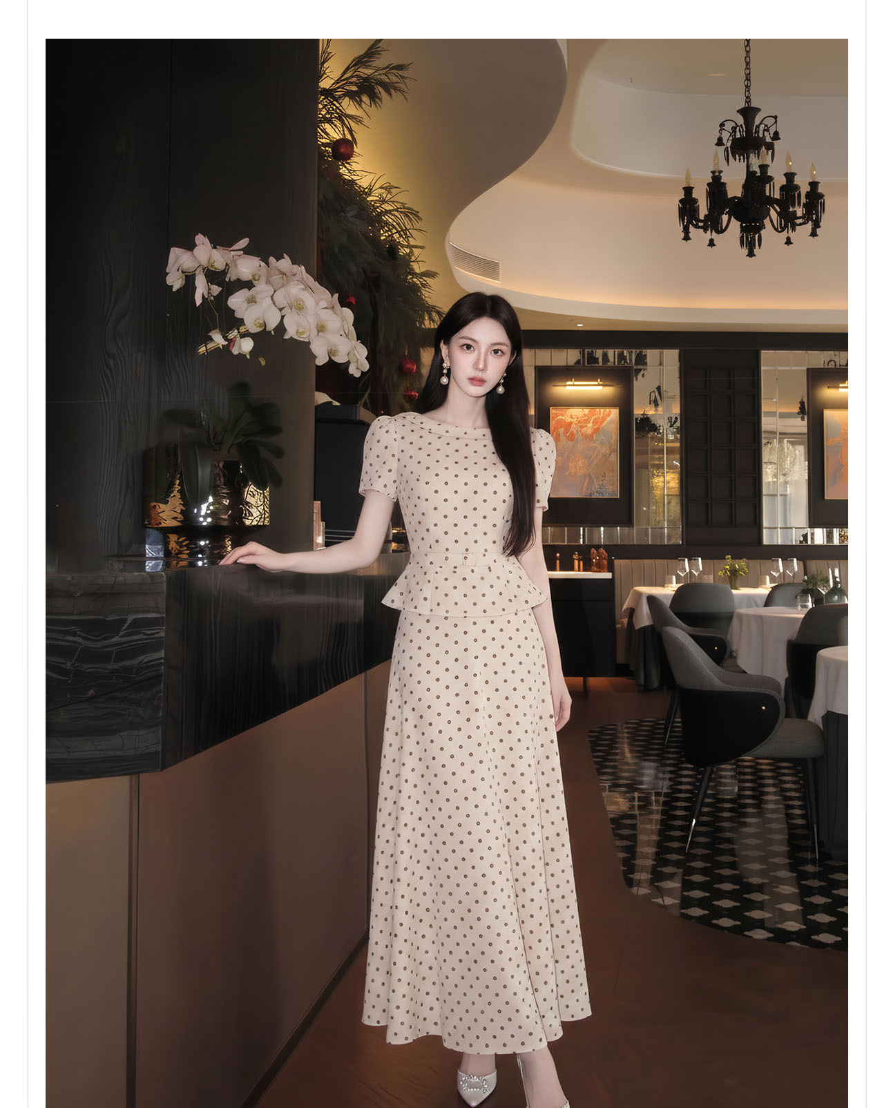 Bộ váy áo hai dây phối chân váy chấm bi phong cách Pháp, eo thon gọn — Trang chủ, bộ đồ, nửa váy chi tiết 9