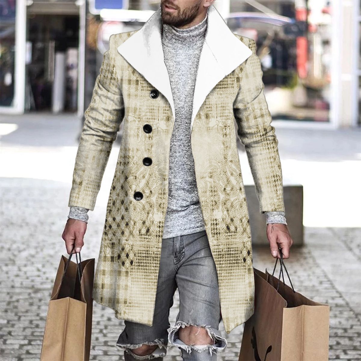 Comercio exterior transfronterizo 2024 otoño nuevo abrigo de lana de solapa impresa Venta caliente ropa de hombre de longitud media